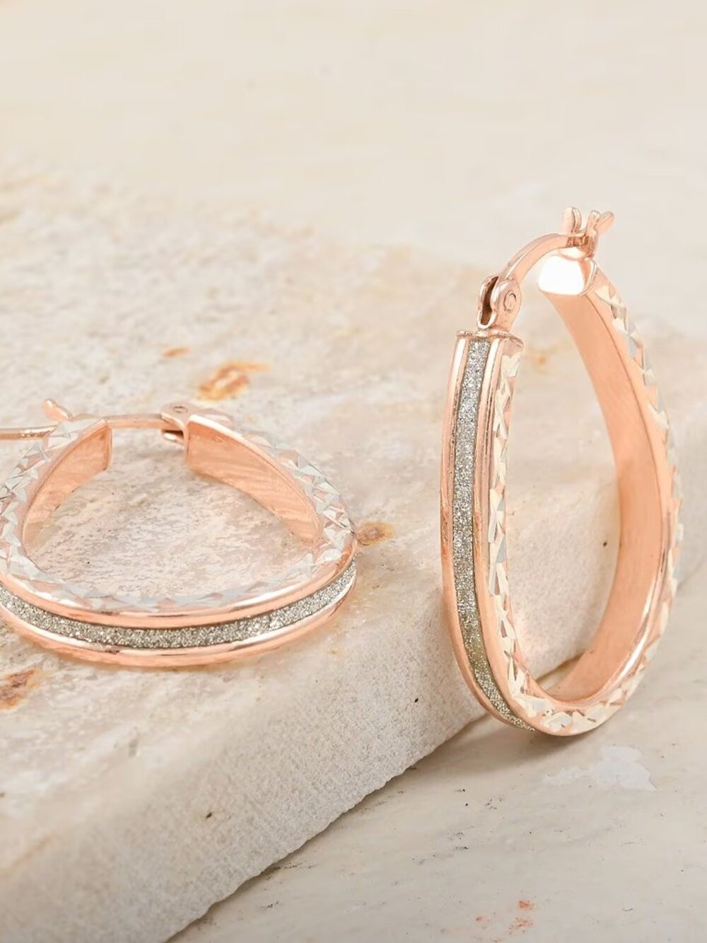 Glitter Hoop Earrings in 14K Rose Gold Over Sterling Silver - NEW - 1.10 Long